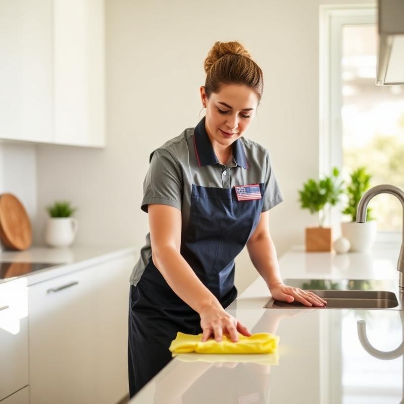Professional cleaner wiping a kitchen benchtop